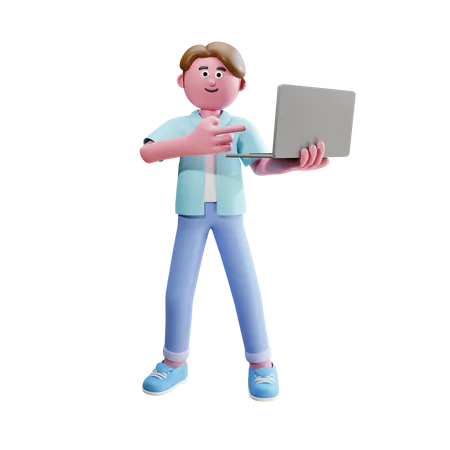 Jeune homme debout et pointant sur un ordinateur portable  3D Illustration