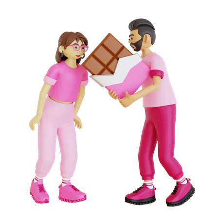 Jeune homme donnant une barre de chocolat à une femme  3D Illustration