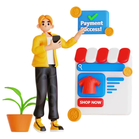 Jeune homme effectuant un paiement en ligne  3D Illustration