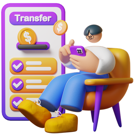 Un jeune homme effectue un transfert d'argent en ligne  3D Illustration