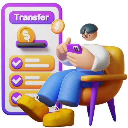 Un jeune homme effectue un transfert d'argent en ligne  3D Illustration