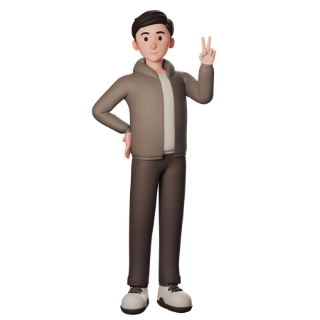 Jeune homme en tenue marron faisant la pose de la main de la paix avec la main droite  3D Illustration