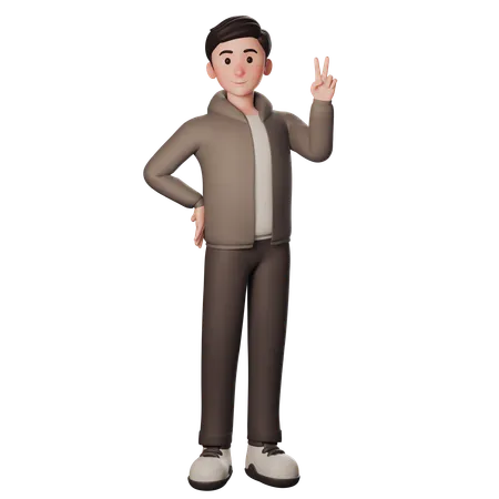 Jeune homme en tenue marron faisant la pose de la main de la paix avec la main droite  3D Illustration