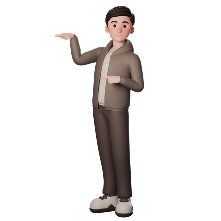 Jeune homme en tenue marron pointant vers la gauche avec les deux mains  3D Icon
