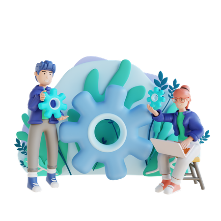 Jeune homme et femme gérant le travail ensemble  3D Illustration