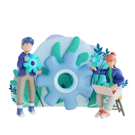 Jeune homme et femme gérant le travail ensemble  3D Illustration