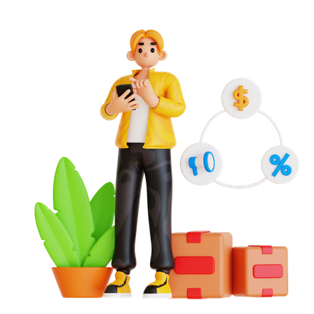 Jeune homme faisant des achats en ligne  3D Illustration