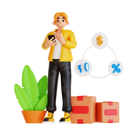 Jeune homme faisant des achats en ligne  3D Illustration