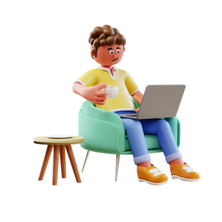 Jeune homme travaillant sur un ordinateur portable et assis sur un canapé  3D Illustration