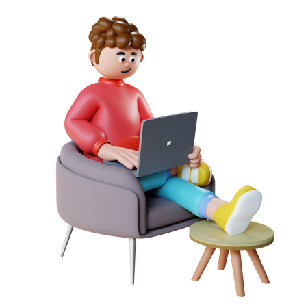 Jeune homme travaillant sur un ordinateur portable et assis sur un canapé  3D Illustration