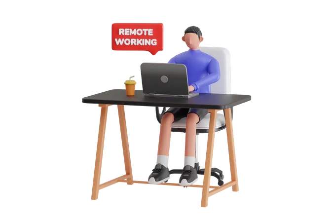 Jeune homme faisant du travail à distance  3D Illustration