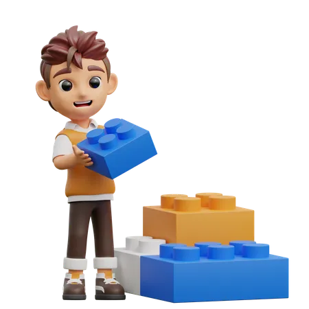 Jeune homme jouant aux Lego  3D Illustration