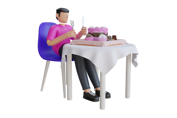 Jeune homme mangeant un gâteau  3D Illustration