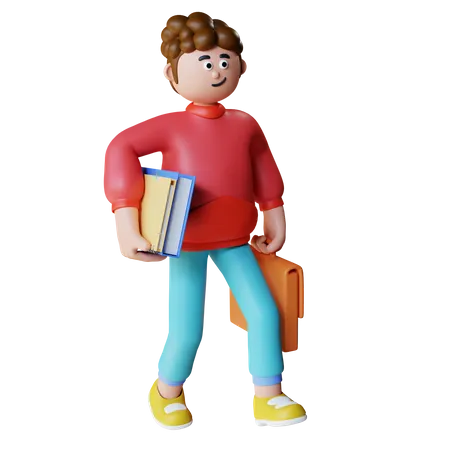 Jeune homme marchant avec un sac de bureau et des fichiers  3D Illustration