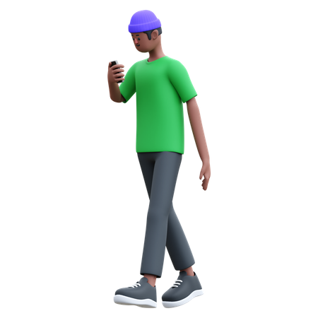 Jeune homme marchant tout en discutant au téléphone  3D Illustration