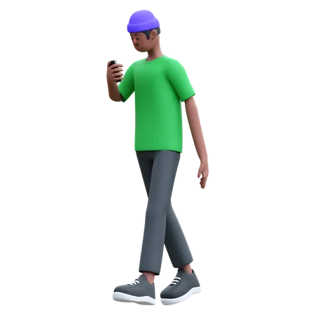 Jeune homme marchant tout en discutant au téléphone  3D Illustration