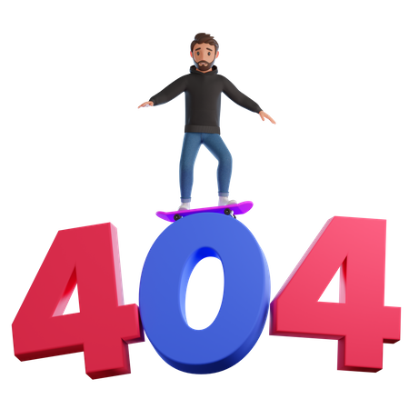 Jeune homme patinant sur une erreur 404  3D Illustration