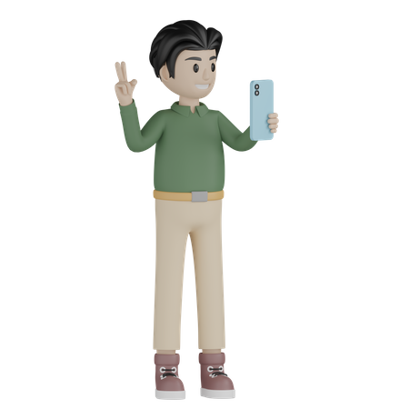 Jeune homme prenant un selfie à l'aide d'un mobile  3D Illustration