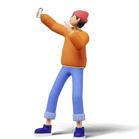 Jeune homme prenant un selfie à l'aide d'un téléphone  3D Illustration