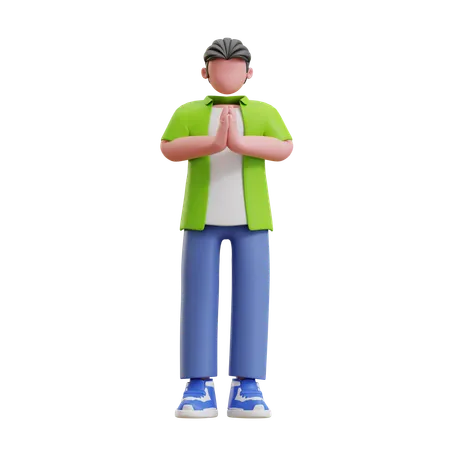 Jeune homme donnant une pose de bienvenue  3D Illustration