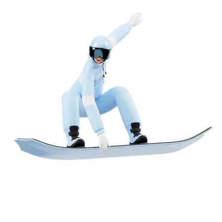 Jeune homme appréciant le snowboard  3D Illustration