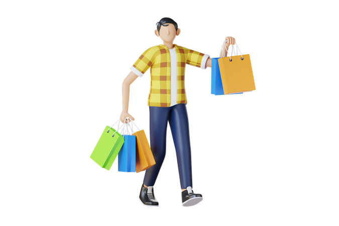 Un jeune homme revient du shopping avec des sacs de courses  3D Illustration