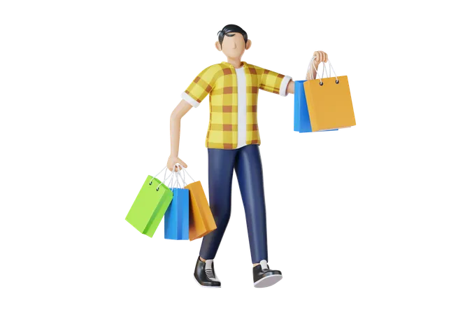 Un jeune homme revient du shopping avec des sacs de courses  3D Illustration