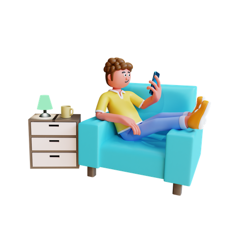 Jeune homme se détend sur un canapé et utilise un smartphone  3D Illustration
