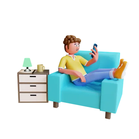Rendu 3 D Un Jeune Homme Se Detend Sur Un Canape Et Utilise Un Ordinateur Portable 3D Illustration