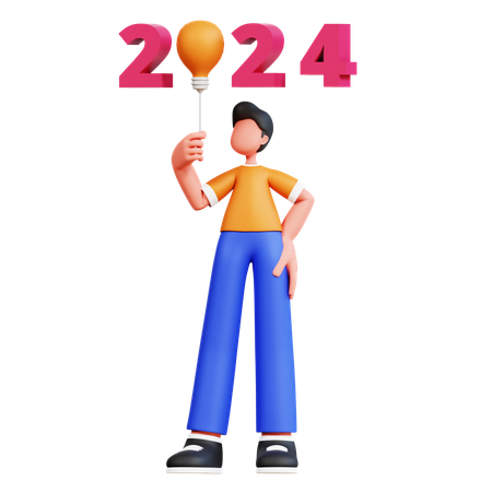 Jeune homme tenant un ballon du nouvel an 2024  3D Illustration