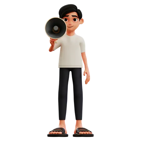 Jeune homme tenant un mégaphone  3D Illustration