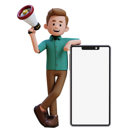 Jeune homme tenant un mégaphone tout en se tenant debout avec un gros smartphone avec un écran vide  3D Illustration