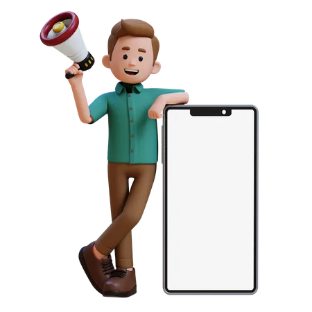 Jeune homme tenant un mégaphone tout en se tenant debout avec un gros smartphone avec un écran vide  3D Illustration