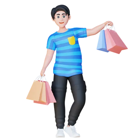 Jeune homme tenant un sac à provisions  3D Illustration