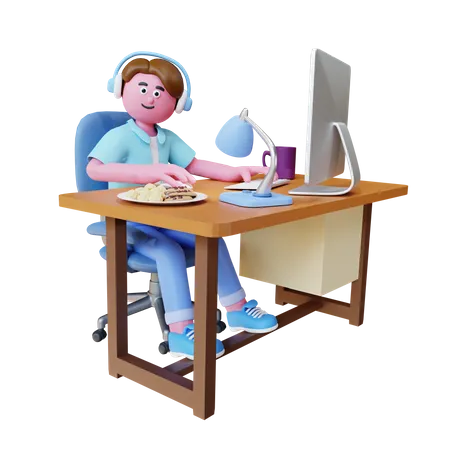 Jeune homme travaillant sur ordinateur  3D Illustration