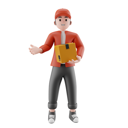 Jeune livreur avec boîte et montrant quelque chose  3D Icon