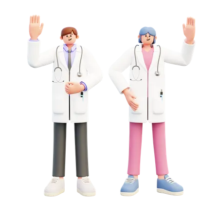 Un jeune couple de médecins dit bonjour  3D Illustration