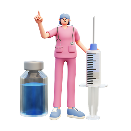 Jeune médecin debout avec une seringue et une bouteille de vaccin  3D Illustration