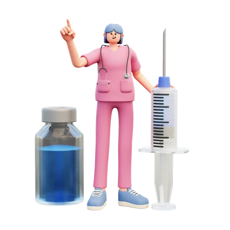 Jeune médecin debout avec une seringue et une bouteille de vaccin  3D Illustration