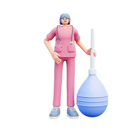 Jeune médecin debout près du grand clyster de lavement bleu  3D Illustration