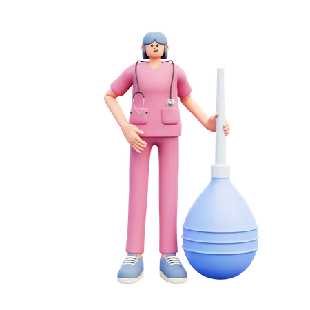 Jeune médecin debout près du grand clyster de lavement bleu  3D Illustration