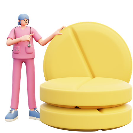 Jeune médecin debout près de grosses pilules  3D Illustration