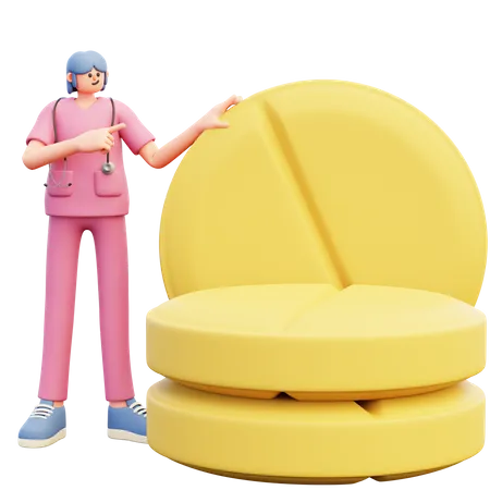 Jeune médecin debout près de grosses pilules  3D Illustration