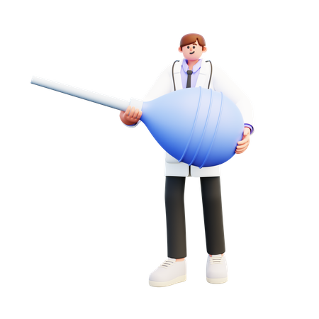 Jeune Médecin Tenant Un Gros Clyster De Lavement Bleu  3D Illustration