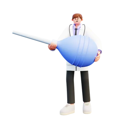 Jeune Médecin Tenant Un Gros Clyster De Lavement Bleu  3D Illustration