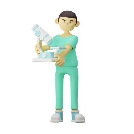 Jeune docteur tenant un microscope  3D Illustration