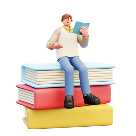 Jeune enseignant assis sur des livres  3D Illustration