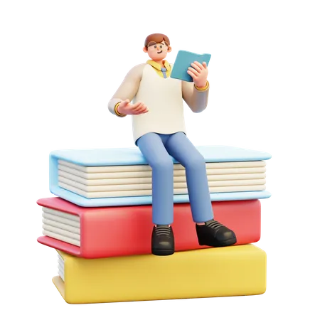 Jeune enseignant assis sur des livres  3D Illustration