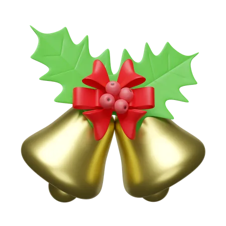 Golden Color Jingle Bell With Red Bow Holly Berry Leaves Isolated Merry Christmas And Happy New Year 3 D Render Illustration 3D Illustration