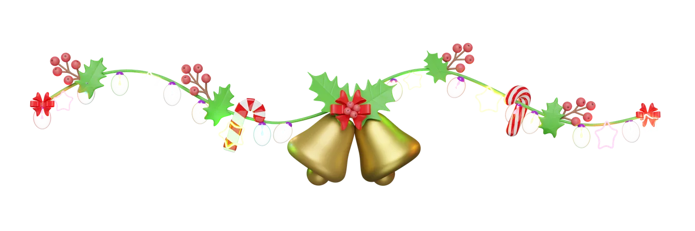 Decorated With Jingle Bell Candy Cane Red Bow Holly Berry Leaves Clear Glass Lantern Garlands Star Merry Christmas And Happy New Year 3 D Render Illustration 3D Icon